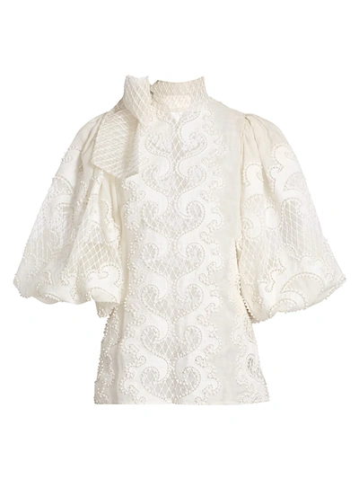 Zimmermann Women's Brightside Knot Embroidered Blouse In Ivory