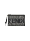 FENDI WOMEN'S LARGE LOGO LEATHER-TRIMMED MESH POUCH,0400013763341