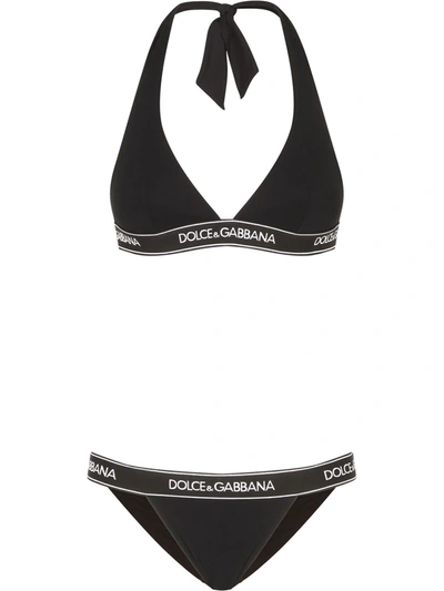 Dolce & Gabbana Halterneck Logo Tape Bikini In Schwarz