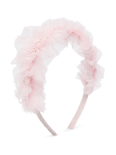 Charabia Kids' Ruffled Faux-pearl Embellished Hairband In Pink