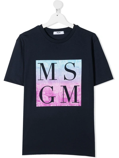 Msgm Teen Box Logo-print Cotton T-shirt In Blue