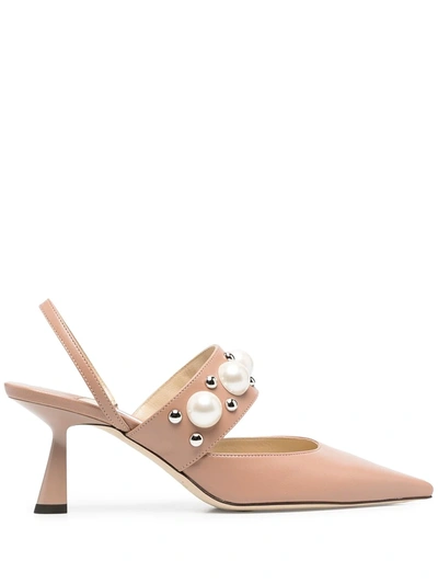 Jimmy Choo Breslin Pumps  In Pink Leather With Pearls Inserts In Nude