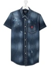 DSQUARED2 TEEN DISTRESSED LOGO DENIM SHIRT