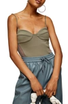 Topshop Mesh Panel Bodysuit In Olive