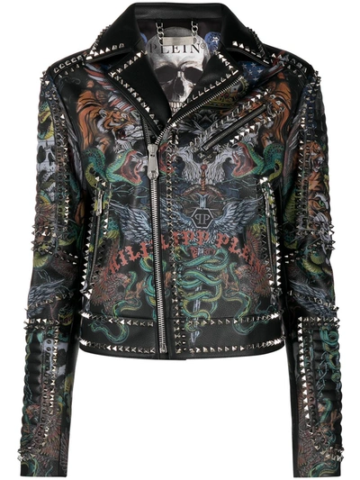 Philipp Plein Tattoo-print Biker Jacket In Black