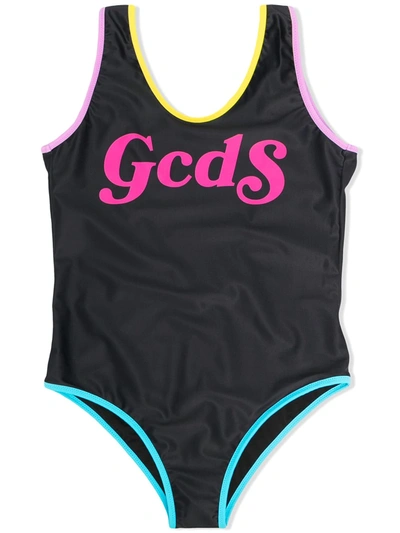 Gcds Teen Contrast-trim Logo Print Swimsuit In Black