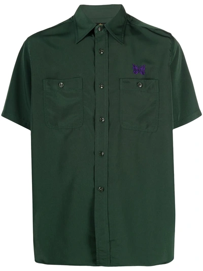 Needles Butterfly Embroidered Short Sleeve Button-up Work Shirt In Green