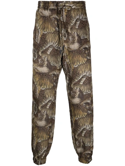 Etro Tiger Print Linen Trousers In Brown