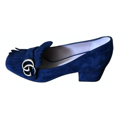 Pre-owned Gucci Marmont Blue Suede Flats