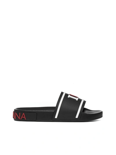 Dolce & Gabbana Rubber And Calfskin Slides With High-frequency Detailing In Multicolor