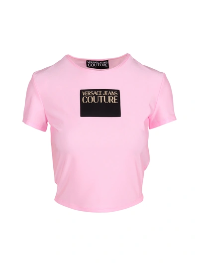 Versace Jeans Couture Lady Logo Stretch Jersey Cropped T-shirt In Pink