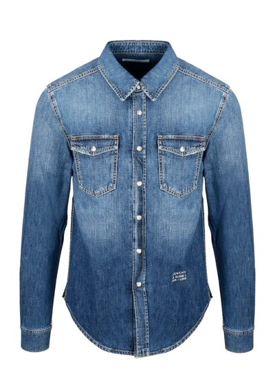 Givenchy Denim Shirt With Contrast Logo Trim In Blue