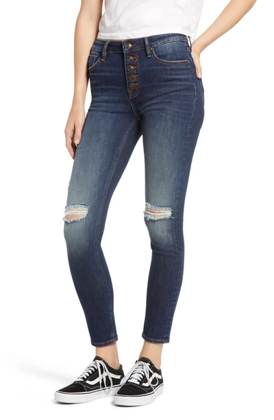 A V Denim Ace Ripped High Waist Button Front Skinny Jeans In Dark Wash