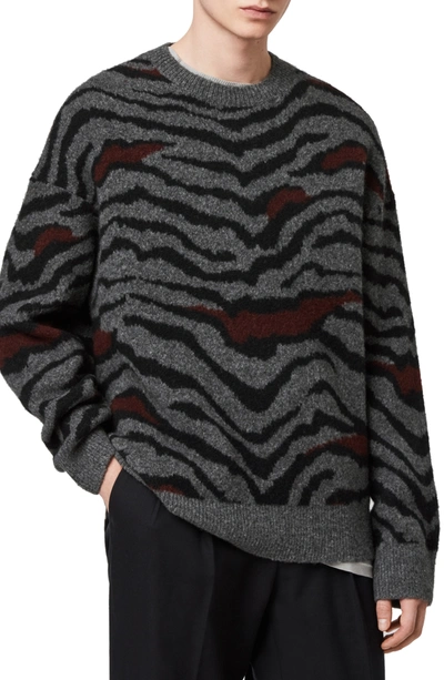 Allsaints Tora Tiger Stripe Crewneck Wool Blend Sweater In Charcoal/black
