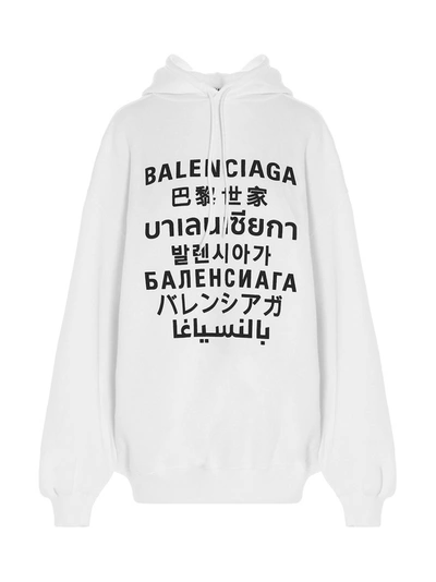 Balenciaga Languages Logo Cotton Blend Hoodie In White
