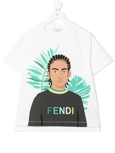 Fendi Kids' 蕨类植物男人图案印花t恤 In White