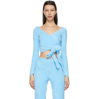 Maisie Wilen Dramady Cropped Cotton-blend Terry Wrap Top In Blue