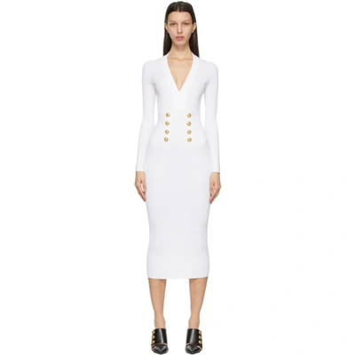 Balmain White Knit Double-buttoned Long Dress