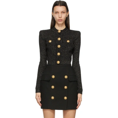 Balmain Button-embellished Metallic Jacquard-knit Cardigan In Noir