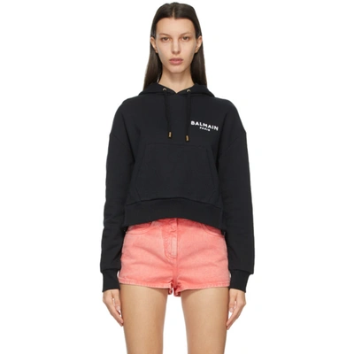 Balmain Black Flocked Logo Cropped Hoodie In Multicolor