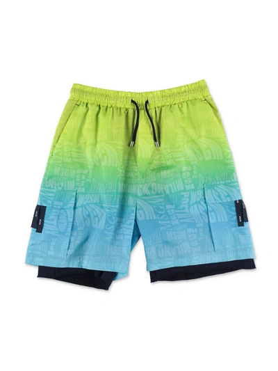 Msgm Kids' Green And Blue Shorts With Logo