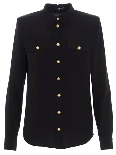 Balmain Black Silk Shirt With Logoed Buttons