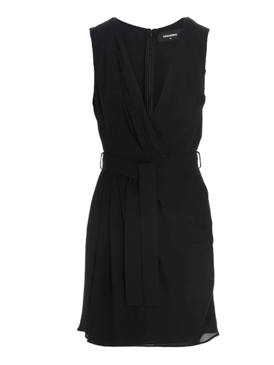 Dsquared2 Belted Silk-crepe Dress In Black