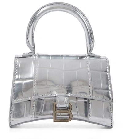 Balenciaga Hourglass Mini Croc-effect Leather Crossbody Bag In Silver