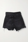 R13 CROSSOVER ASYMMETRIC DISTRESSED DENIM SHORTS