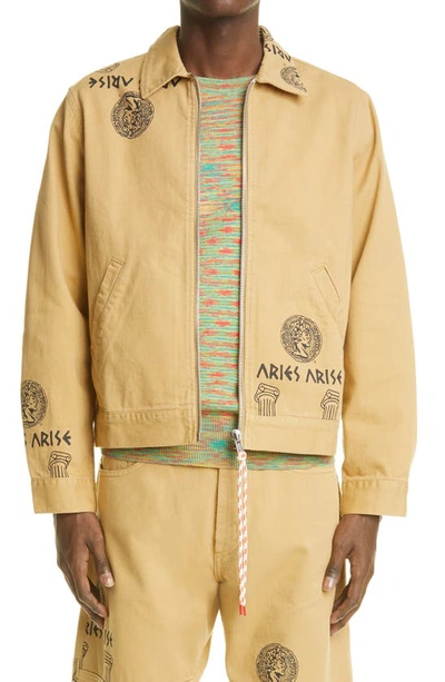 Aries Temple Print Zipped Denim Jacket In Khaki