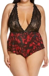 Oh La La Cheri Plunge Neck Lace & Floral Print Teddy In Red Rose Print/ Black Rose