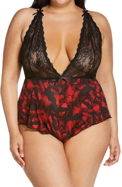 Oh La La Cheri Plunge Neck Lace & Floral Print Teddy In Red Rose Print/ Black Rose
