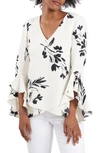 Vince Camuto Petite Flutter Sleeve Floral Whisps V- Neck Tunic In White/ Black Floral