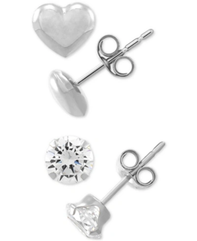 Macy's 2-pc. Set Cubic Zirconia & Heart Stud Earrings In 10k White Gold
