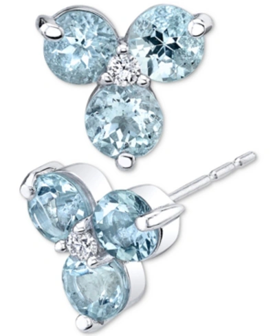 Macy's Aquamarine (1-1/2 Ct. T.w.) & Diamond (1/20 Ct. T.w.) Flower Stud Earrings In 14k White Gold In Blue