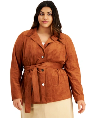 Alfani Plus Size Belted Faux-suede Jacket, Created For Macy's In Peanut Brittle