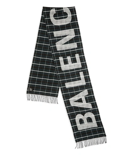 Balenciaga Men's Logo Wool Tartan Scarf In Black