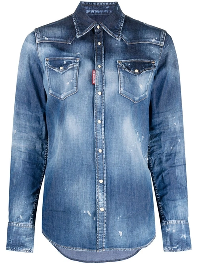 Dsquared2 Distressed-effect Button-down Denim Shirt In Medium Wash