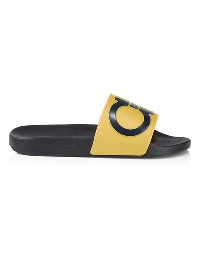 Ferragamo Groove Logo Pool Slides In Blue Yellow