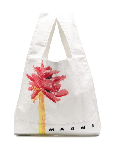 Marni Palm-print Tote Bag In White