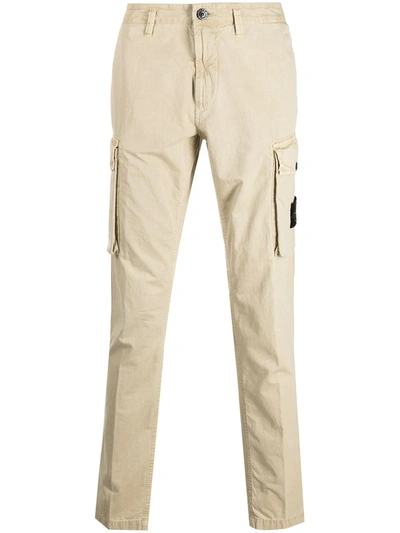 Stone Island Sand Stretch-cotton Logo Patch Tapered Cargo Trousers In Beige
