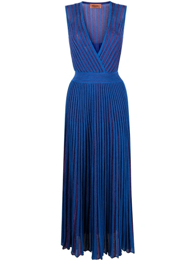 Missoni Pleated Striped Metallic Crochet-knit Maxi Dress In Royal Blue