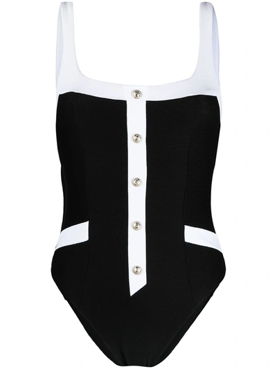 Balmain Contrast Button One-piece Swimsuit In Black