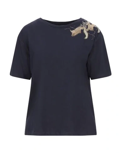 Sandro Ave Embellished Cotton-jersey T-shirt In Dark Blue