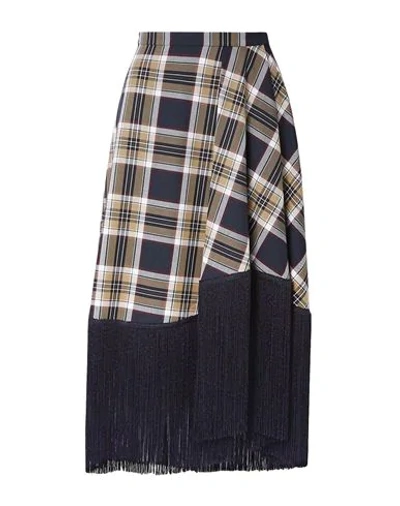 Rokh Fringed Checked Twill Midi Skirt In Dark Blue