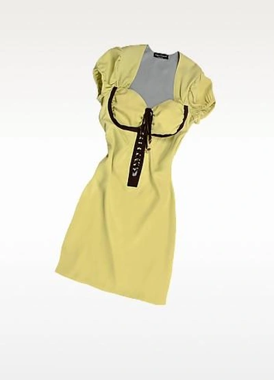 Hafize Ozbudak Dresses & Jumpsuits Pistachio & Brown Trim Silk Short Sleeve Tunic In Yellow