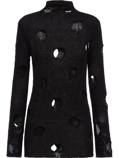 Prada Openwork Viscose Turtleneck Sweater In Black