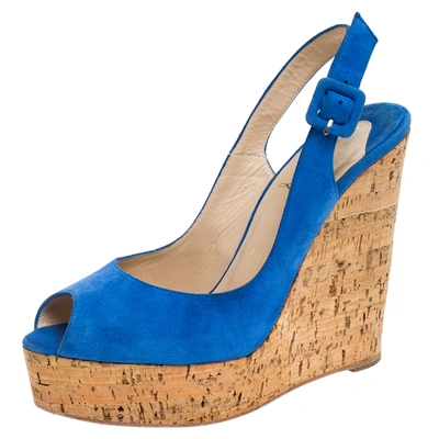 Pre-owned Christian Louboutin Blue Suede Une Plume Peep Toe Slingback Cork Wedges Size 38.5