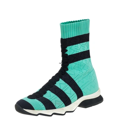Pre-owned Fendi Green/black Knit Fabric Striped Sock Sneakers Size 36