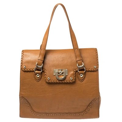 Pre-owned Dkny Tan Leather Whipstitch Flap Tote